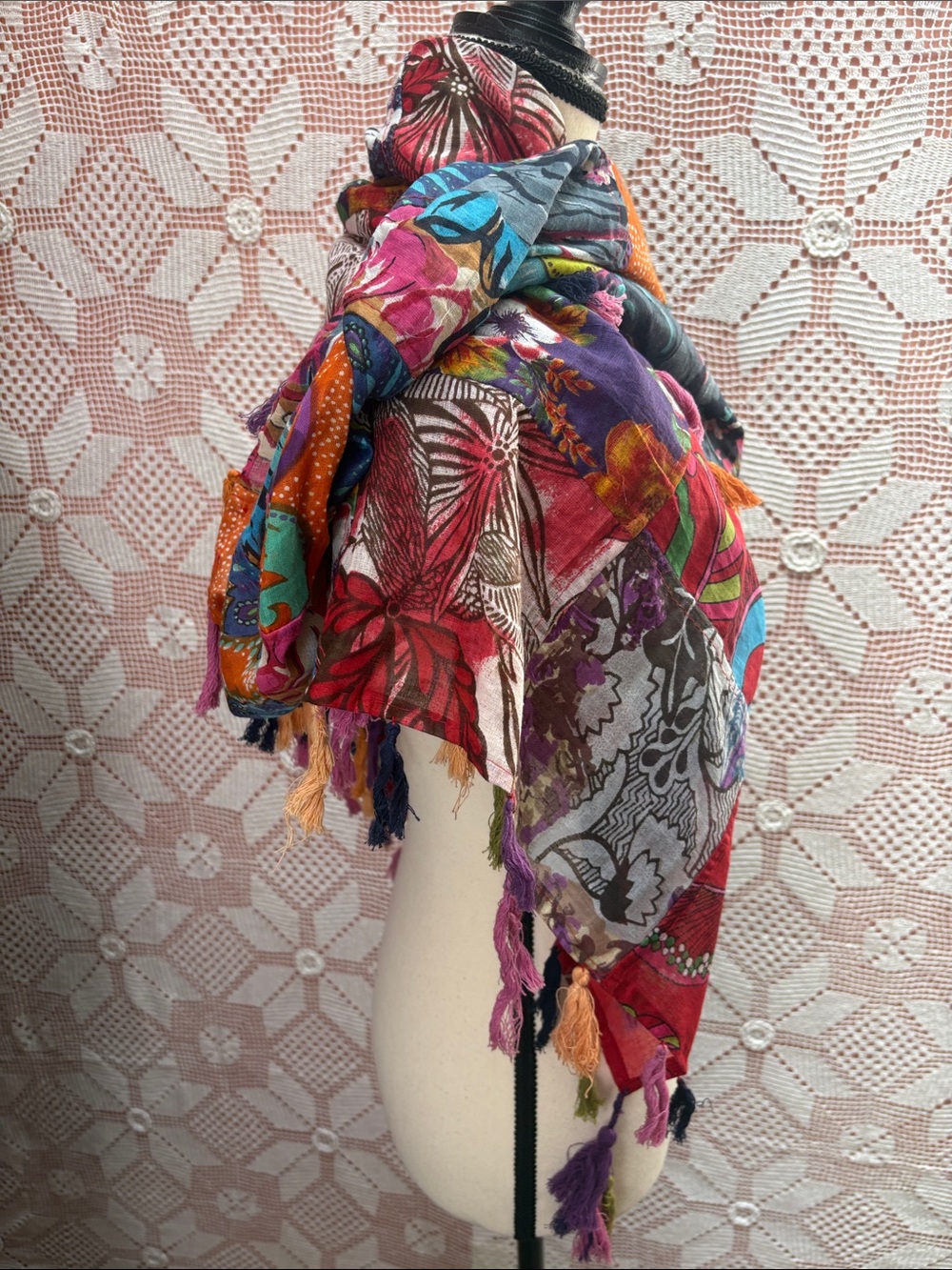 Multicolor Floral Patchwork Fringe Wrap Scarf - Picture 7 of 12